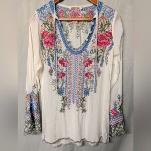 Johnny Was White Embroidered Floral Peasant Top Size XS